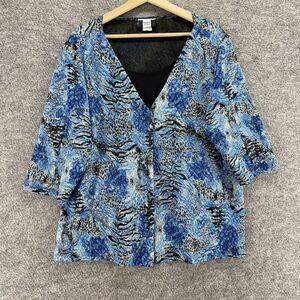 5/$45 Studio Blouse Women M Medium Blue Geometric One Button V-Neck 3/4 Sleeve